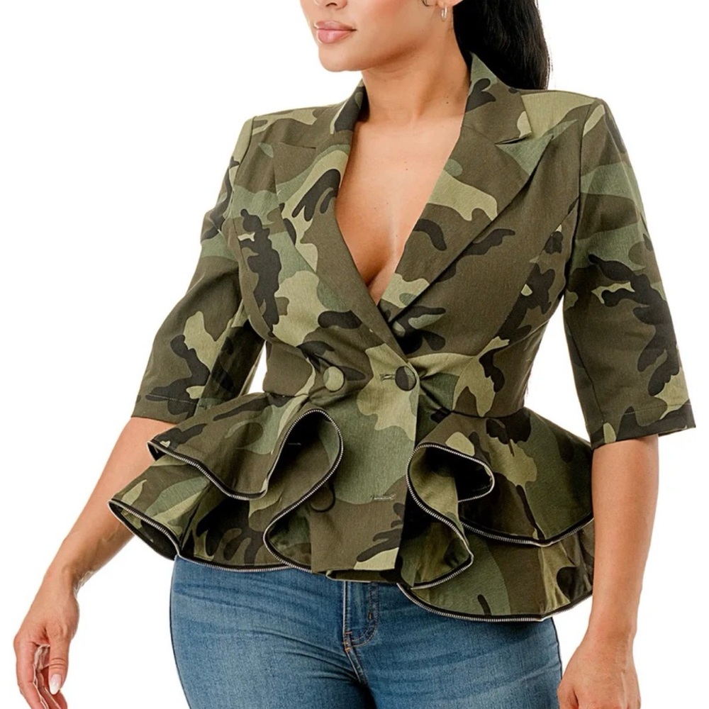 New! The “Zip” Peplum Blazer Camouflage With Zipper Trim Double Breasted Buttons - Picture 3 of 9
